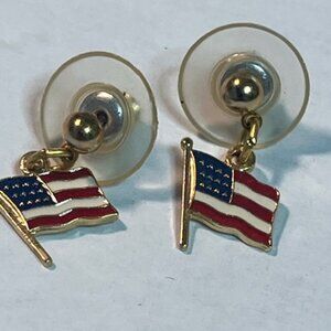 Gold-Tone Enamel American Flag Dangle Stud Pierced Earrings Red White Blue .3"